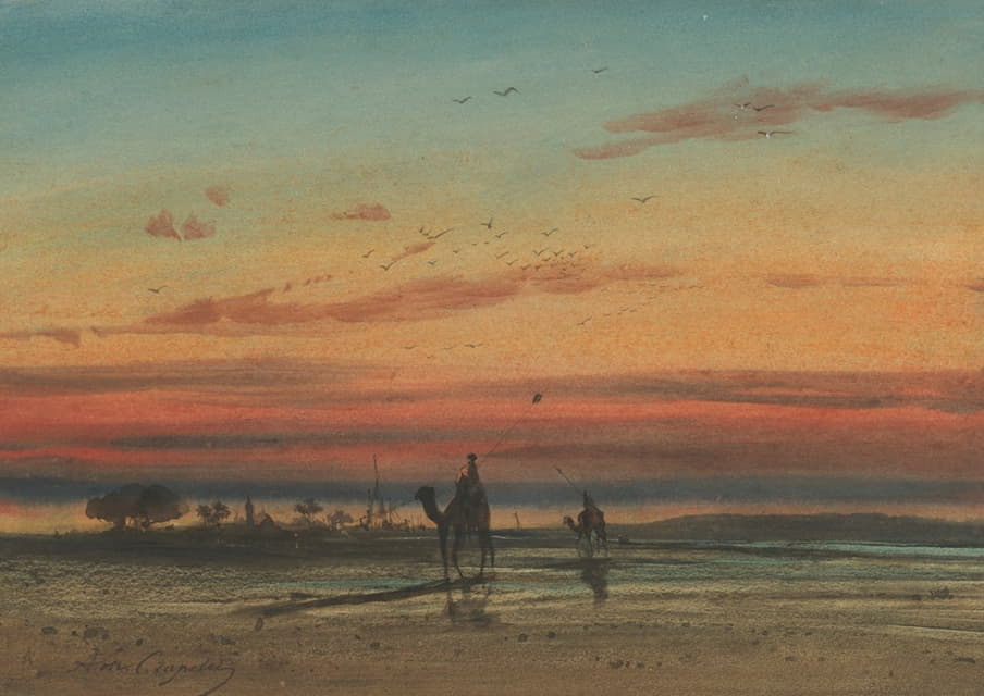 埃及日落，两个贝多因人骑着骆驼