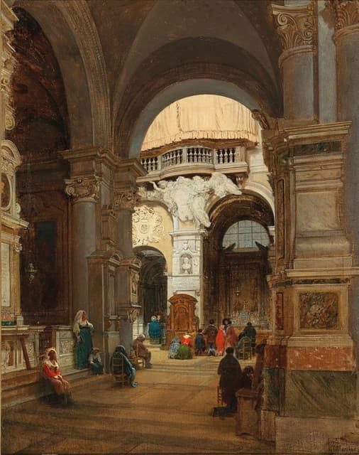 罗马，圣玛丽亚·德尔·波波洛教堂的一幕，背景是带有朱利奥二世·德拉·罗弗尔纹章的风琴画廊