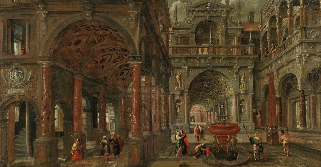 Paul Vredeman de Vries - An architectural capriccio with a view of an imaginary classical palace and elegant figures