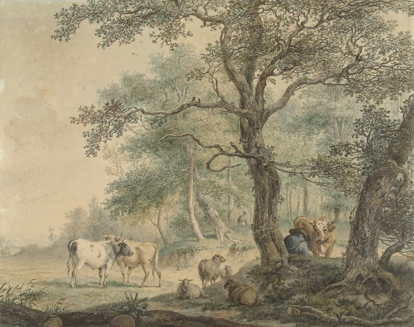 两个牧羊人带着牛的风景