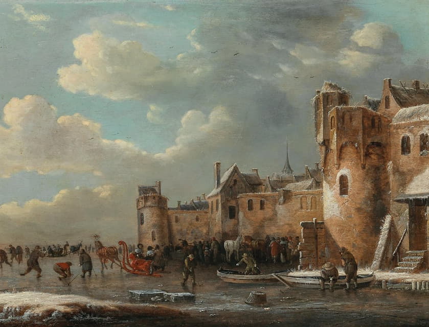Thomas Heeremans - Skaters and a horse-drawn sleigh on the ice outside a walled town