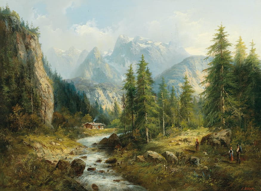 Eduard Boehm - Mountain Landscape with decorative figures