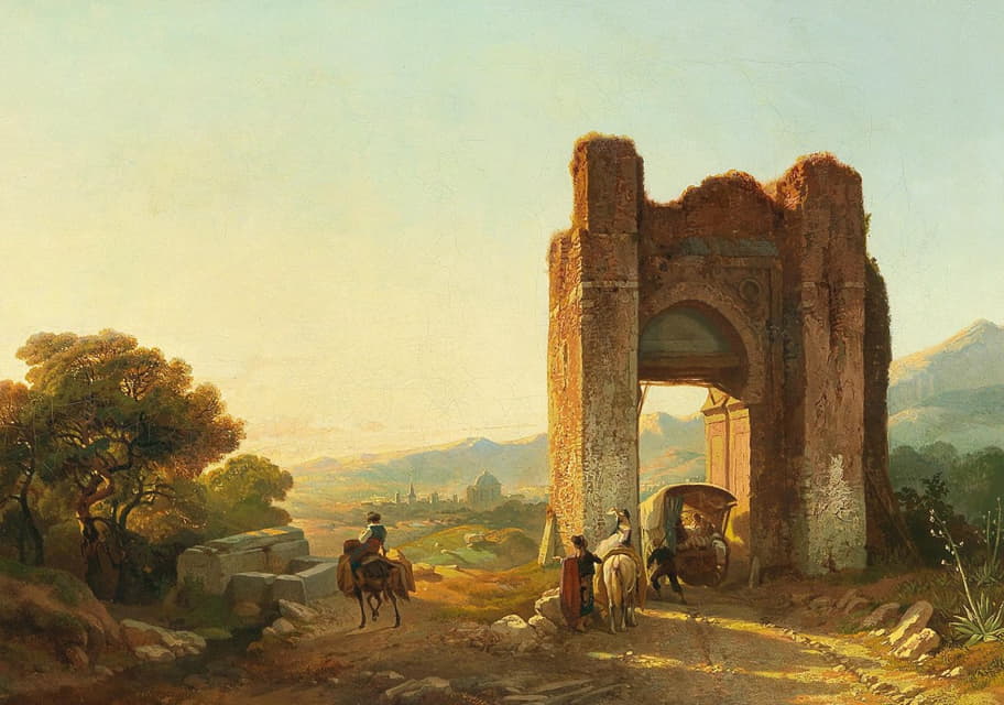 François Antoine Bossuet - A romantic landscape with Mauritanian ruins and figures