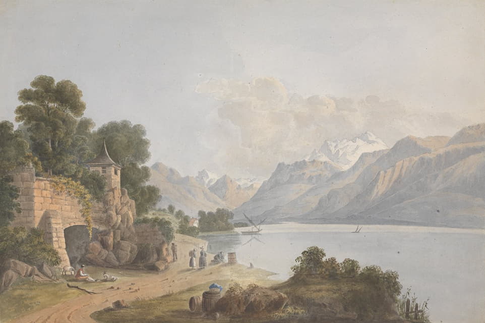 Isaac Weld - Mountainous Landscape with Lake, Gate and Figures