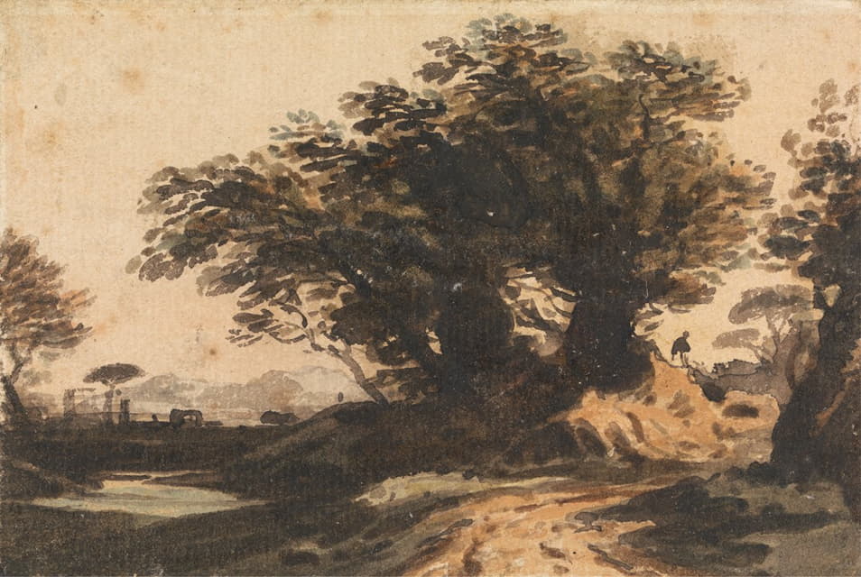 John Varley - Landscape with a Clump of Trees near a Road and a Stream