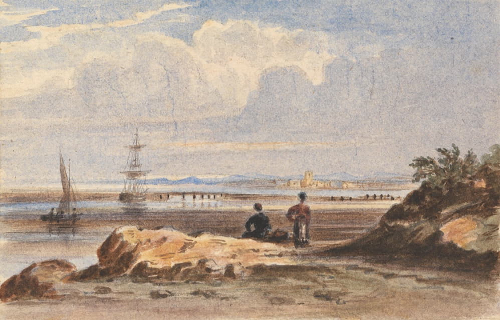 John Varley - Seashore with Two Figures and a Distant Town