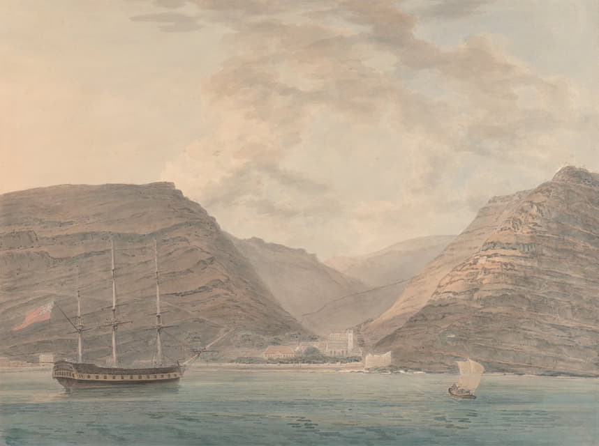 Samuel Davis - Man of War Moored in Harbor, Mountains in the Background