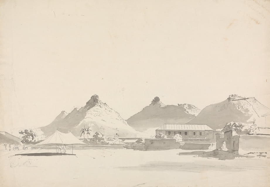 Samuel Davis - Military Encampment with Forts on Hills Behind