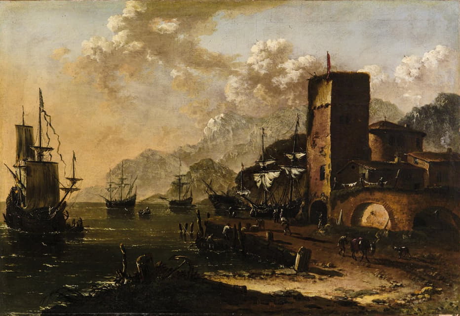 Johann Anton Eismann - A Mediterranean harbour with ships