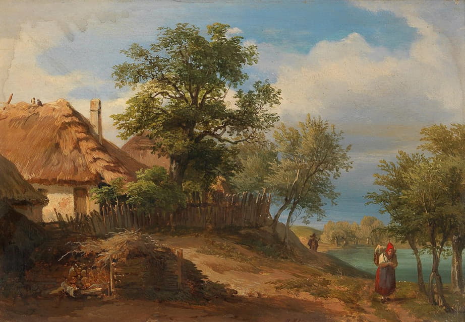 Josef Höger - Landscape with Thatched Farmhouses and decorative figures
