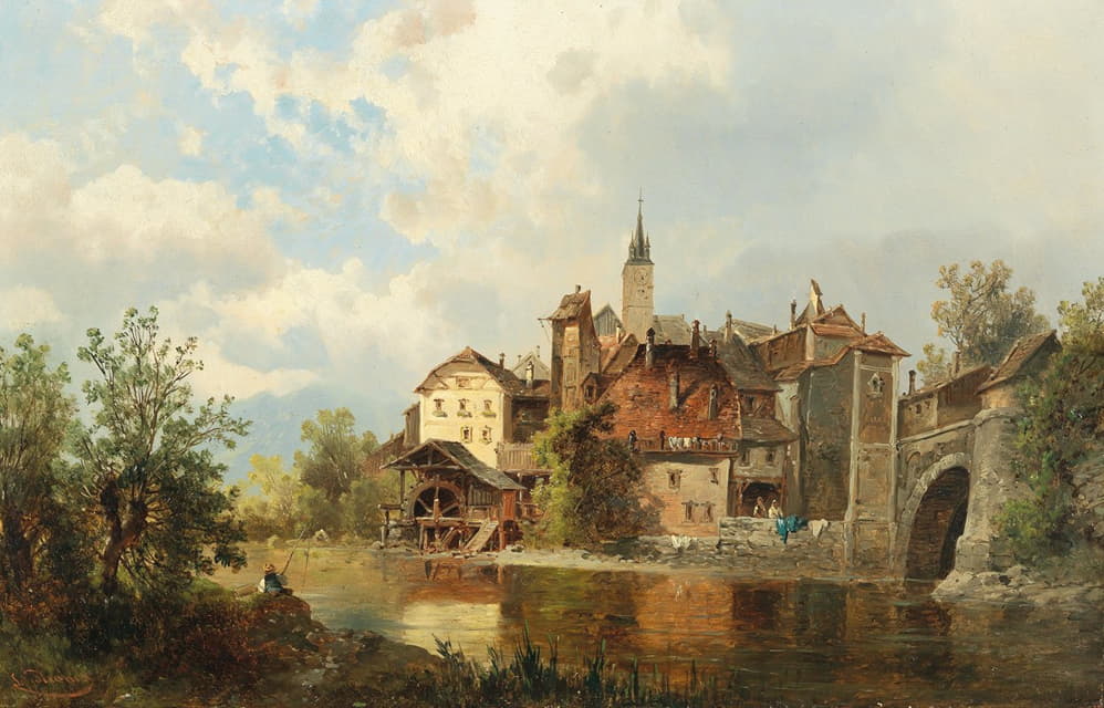 Josef Thoma - Watermill on a Riverbank by a Town