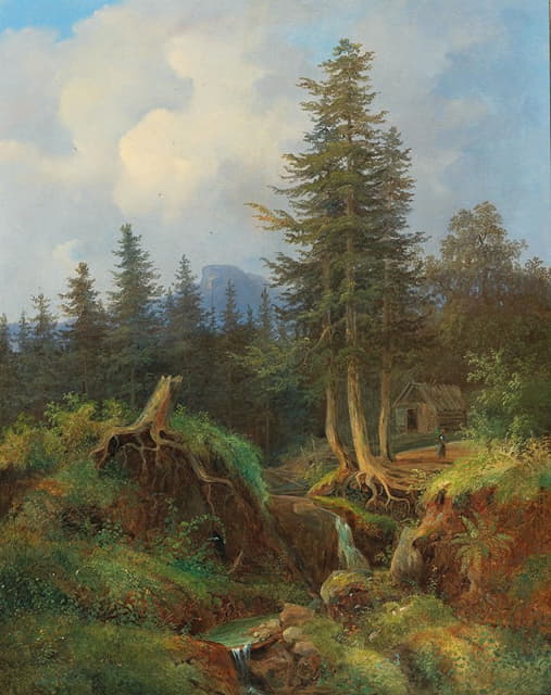 Joseph Jonas - Landscape with Woodland Stream and decorative figures