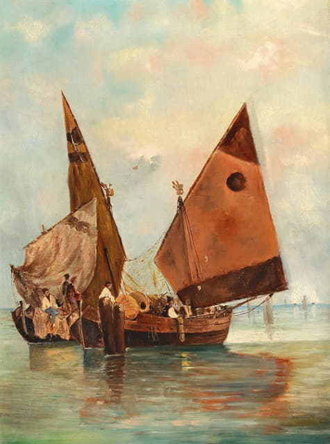 Leontine von Littrow - Boat with Sails Set and Moored in the Lagoon
