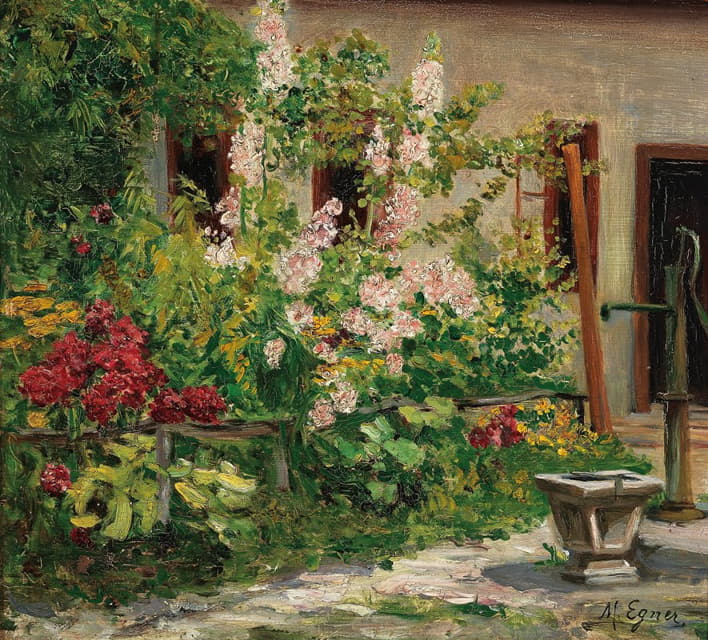 Marie Egner - Vorgarten mit blühenden Stockrosen