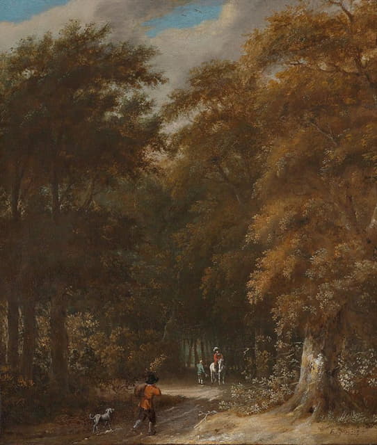 Roelof Jansz. van Vries - A forest landscape with a traveller and a rider on a white horse