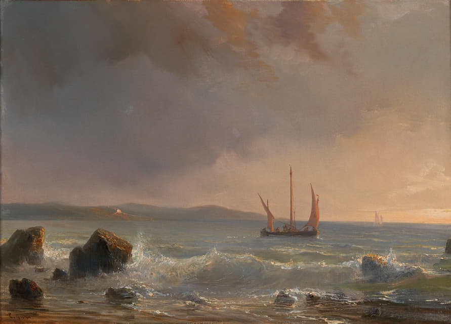 Théodore Gudin - Abendstimmung über einer Meereslandschaft mit Segelbooten