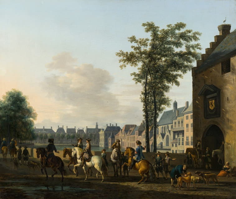 Gerrit Berckheyde - A Hunting Party near the Hofvijver in The Hague, seen from the Plaats