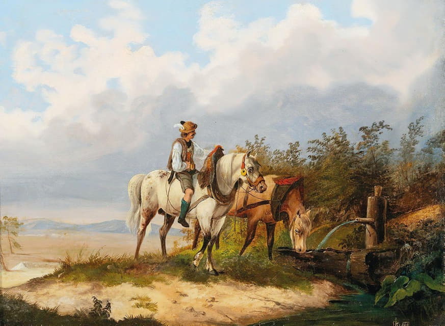 Alois Bach - Reiter Mit Pferden Bei Der Tränke,