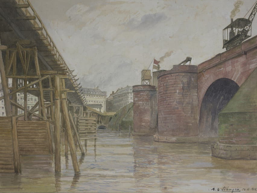 Andreas Bernhard Söhngen - Alte Mainbrücke und Notbrücke, July 26, 1914