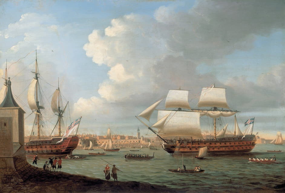 Dominic Serres - Foudroyant and Pégase entering Portsmouth Harbour, 1782