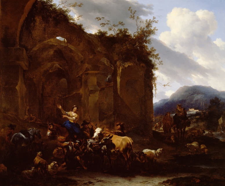 Nicolaes Pietersz. Berchem - A Farrier and Peasants near Roman Ruins