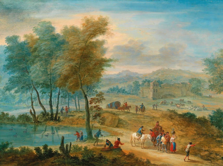 Mathys Schoevaerdts - A wide landscape with travellers