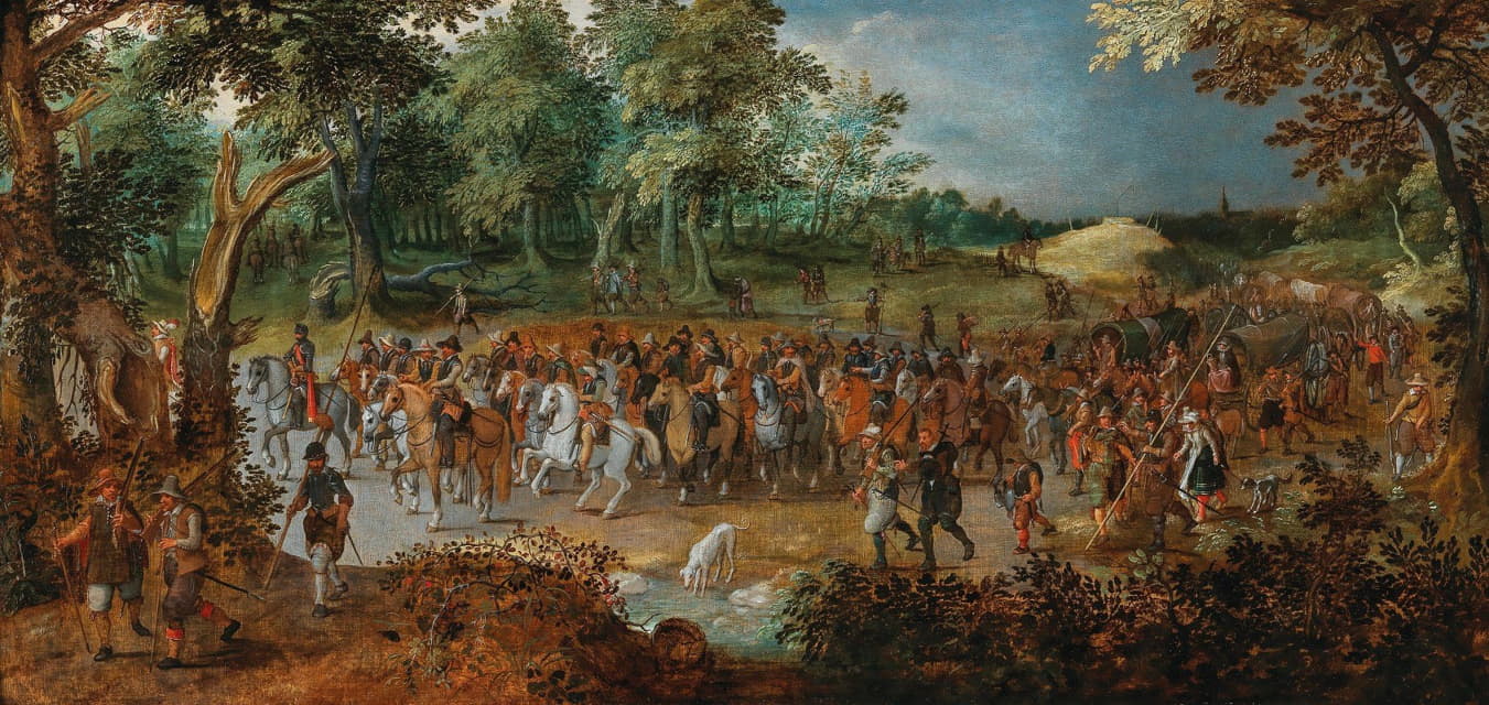 Sebastian Vrancx - A procession of soldiers on horseback at the entrance of a forest