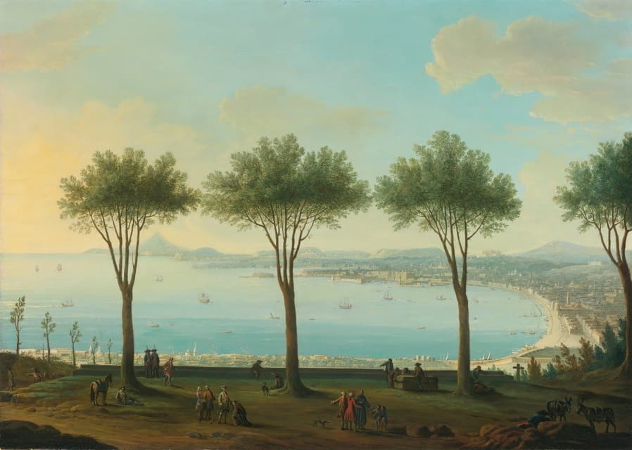 Antonio Joli - View Of The Bay Of Naples From The South (Possibly Poggioreale), Looking North With A King Of The Bourbon Family, Possibly Ferdinand Iv, In The Foreground