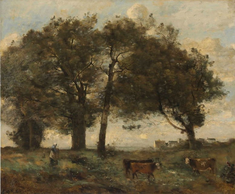 Jean-Baptiste-Camille Corot - Marecages Boisée Avec Trois Vaches