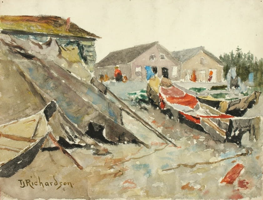 Theodore J. Richardson - Drying Blankets Over Canoes