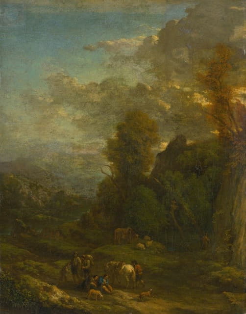 Cornelis Huysmans - Evening Landscape With Travellers
