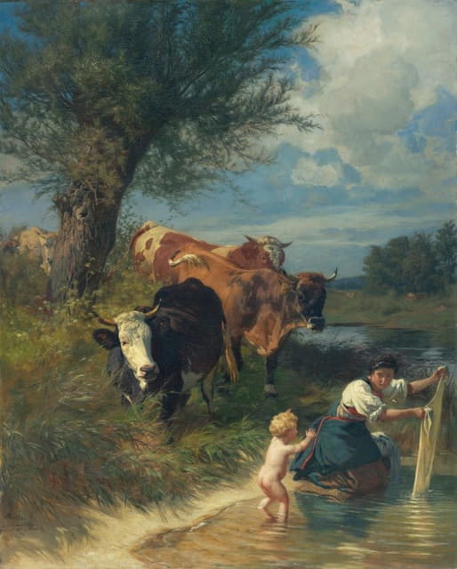 小溪边的奶牛和洗衣妇