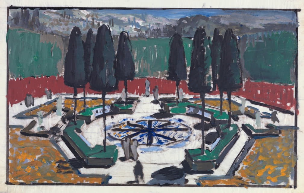 Anonymous - View of a Walled Octagonal Garden with Evergreen Trees