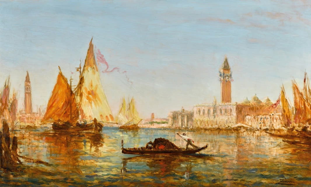 威尼斯、敞篷车和帆船在多格斯宫和圣乔治马焦雷宫前