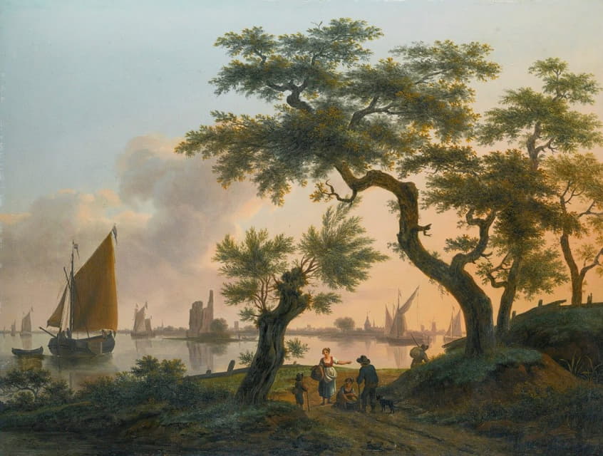 Frans Swagers - Landscape with an estuary, with shipping on the water and figures on the path in the foreground