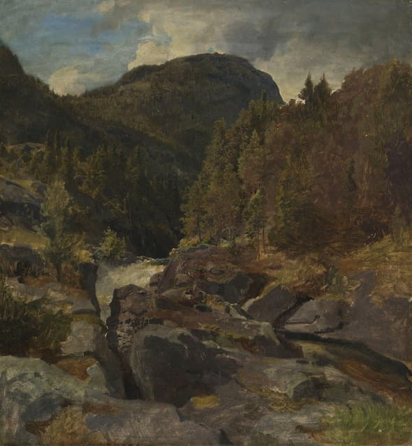 Hans Gude - Landscape with Waterfall