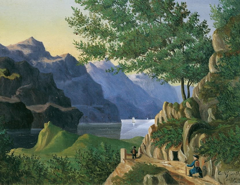 E. Guenther - Bergsee mit Wanderer