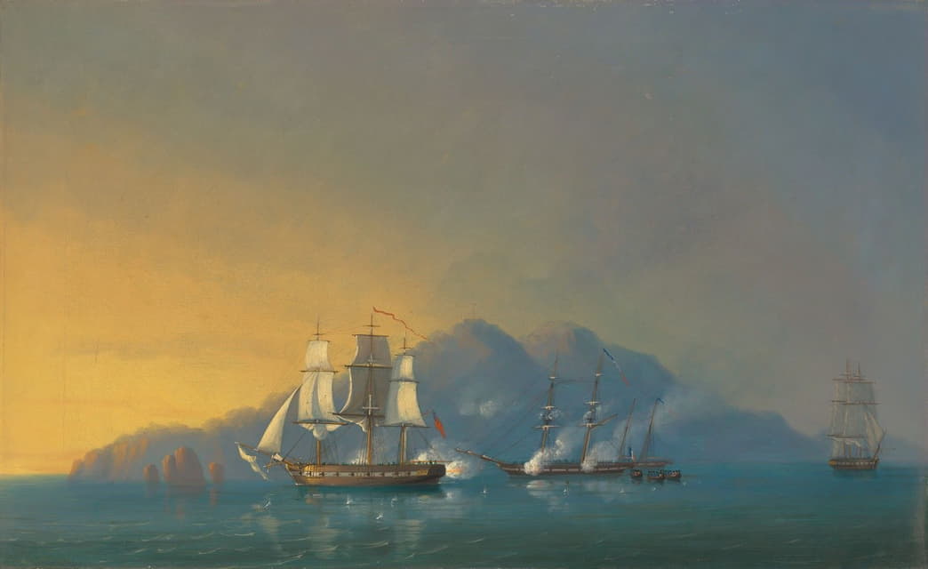 John Christian Schetky - The 18-gun sloop HMS Stork engaging the French brig Cygne and two armed schooners anchored off the Pearl Rock, Martinique, on 12 December 1808