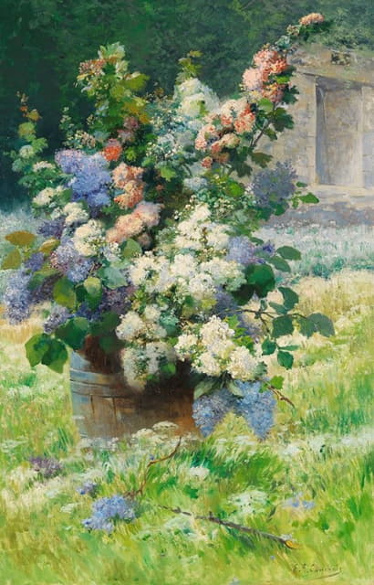 Eugène Henri Cauchois - Lilac branches and hollyhocks