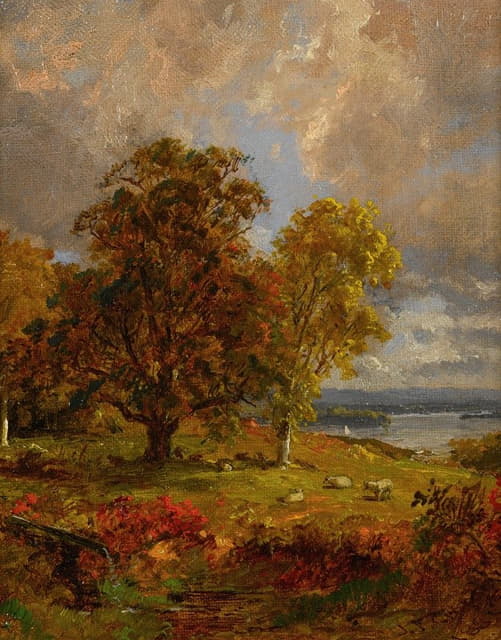 Jasper Francis Cropsey - Landscape With Trees And Sheep Near A Copse