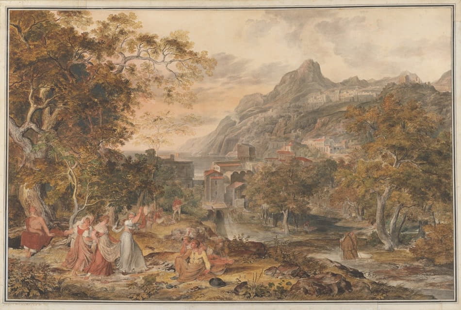 Joseph Anton Koch - View of Vietri with Young Country Women Dancing for Shepherds in the Foreground