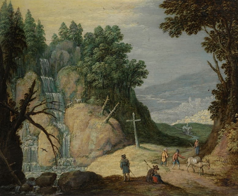 有瀑布和旅行者在小路上的岩石景观