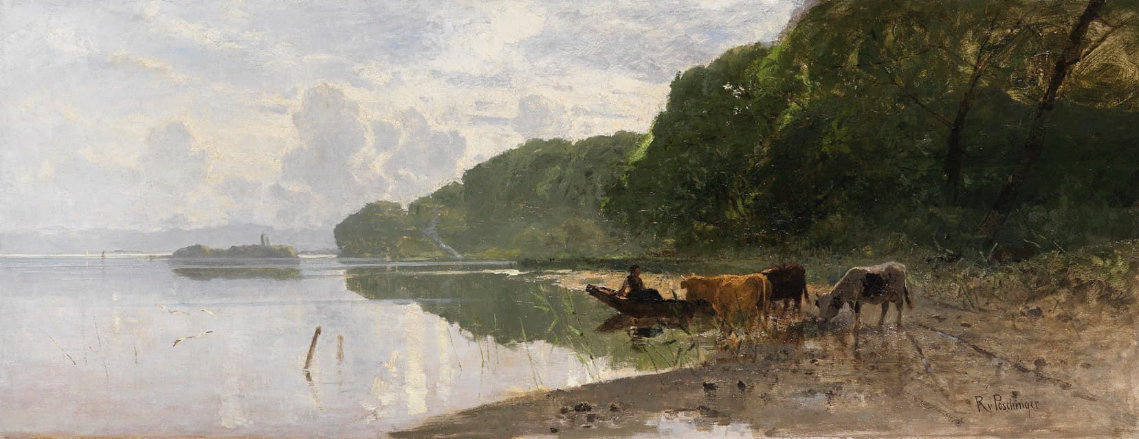 斯塔恩堡湖上放牧奶牛的海岸景观