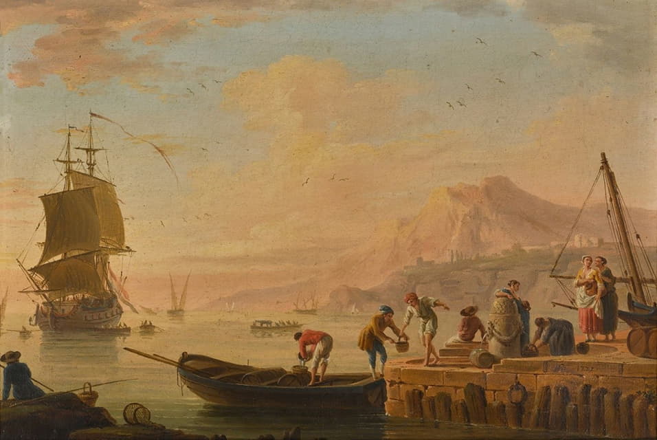 一个地中海港口的场景，渔民们正在卸货