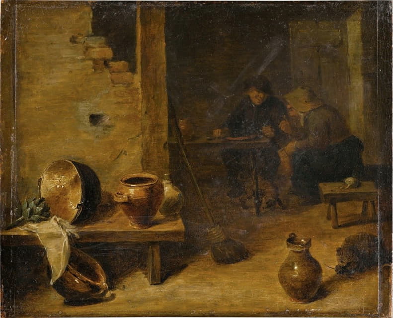 Circle of David Teniers the Younger - Tavern interior with peasants eating in the background