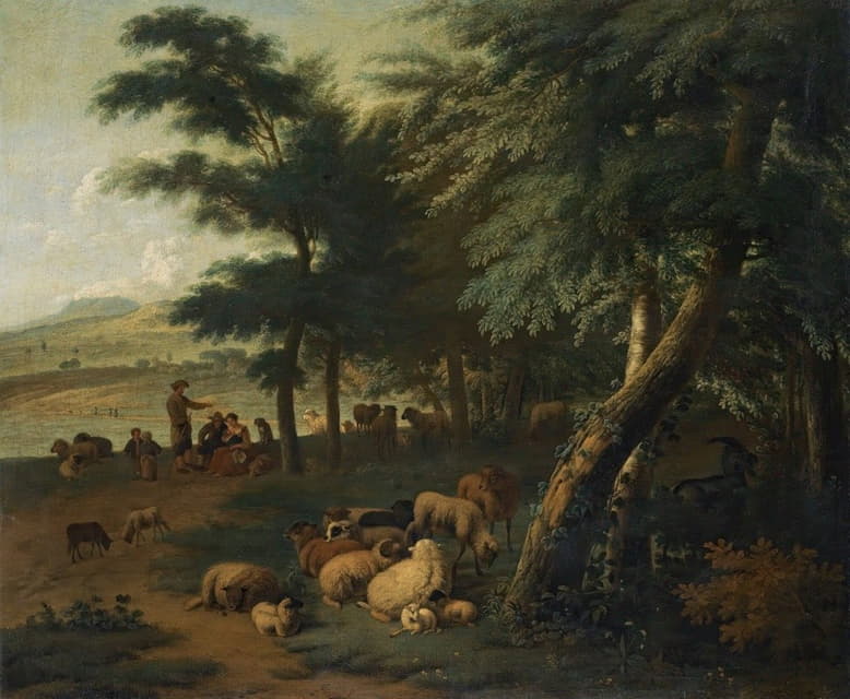 牧羊人和羊群在树林边休息