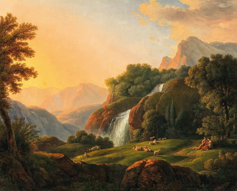 Johann Nepomuk Schödlberger - Landschaft mit Wasserfall und Hirten