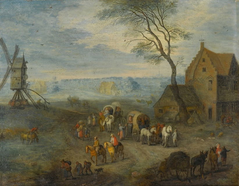Joseph van Bredael - A village scene with travellers by a windmill
