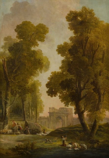 Hubert Robert - Washerwomen in a landscape, with a group of shepherds before an allée of trees
