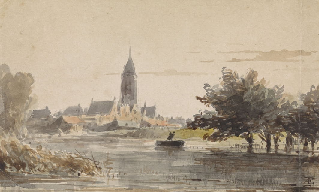 Adrianus Eversen - Gezicht op een stadje, gezien van over een rivier